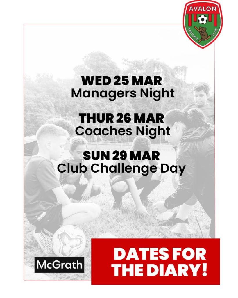 Announcement of upcoming events for Avalon Soccer Club, including Managers Night on March 25, Coaches Night on March 26, and Club Challenge Day on March 29.